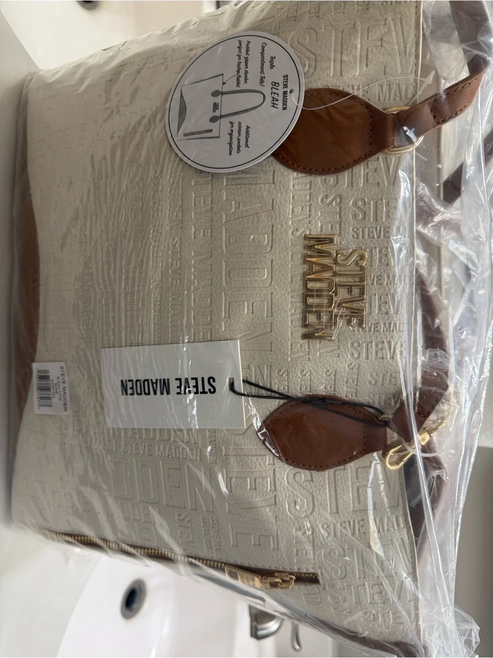Steve Madden White Tote Bag with Brown Trim